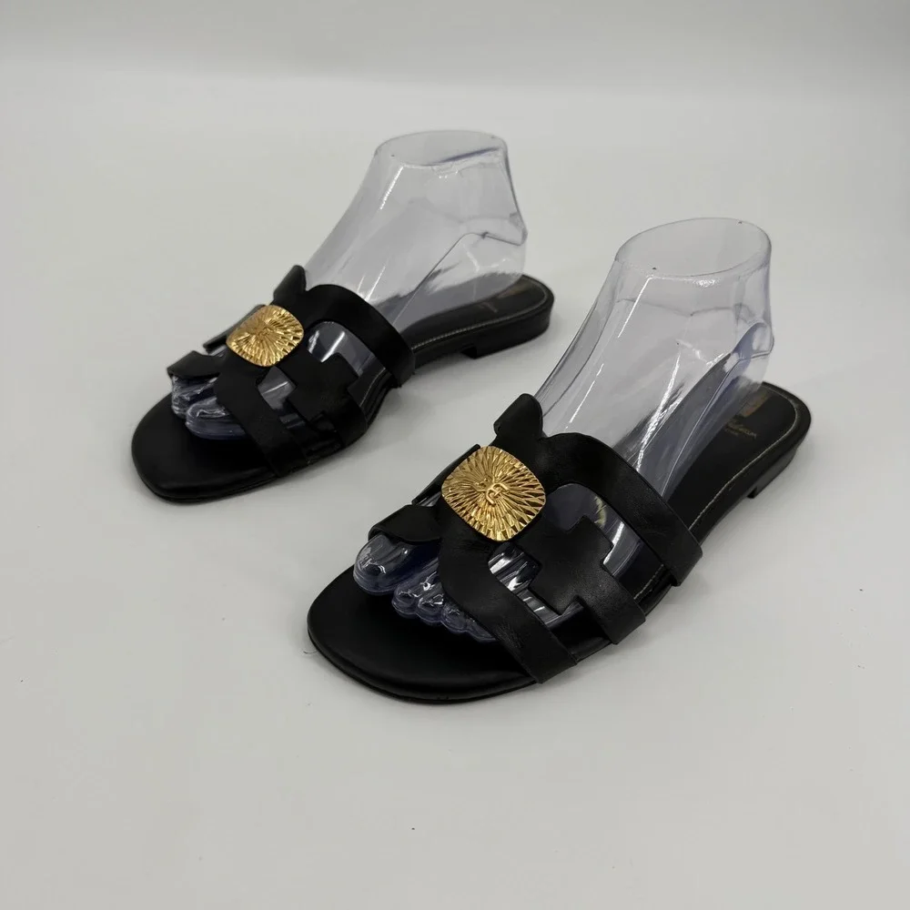Sam Edelman Bay Radiant Black Leather Gold Medallion Slide Sandals 9.5M
